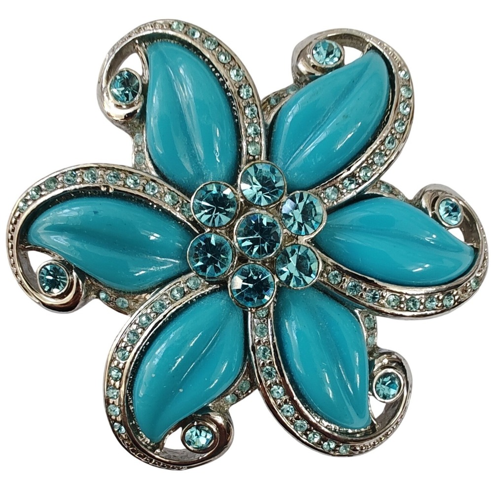 Brooch Pin Turquoise Blue Silver Tone Rhinestone Cabochon Floral Jewelry